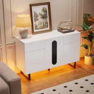 Dressoir met lades en deuren, bewerkt hout, wit (120×40,5x75cm) Dressoir met lades en deuren, bewerkt hout, wit (120×40,5x75cm)