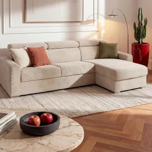 Express-hoekslaapbank van beige ribfluweel, bed 140 cm, dikte 14 cm, VIZIR Express-hoekslaapbank van beige ribfluweel, bed 140 cm, dikte 14 cm, VIZIR