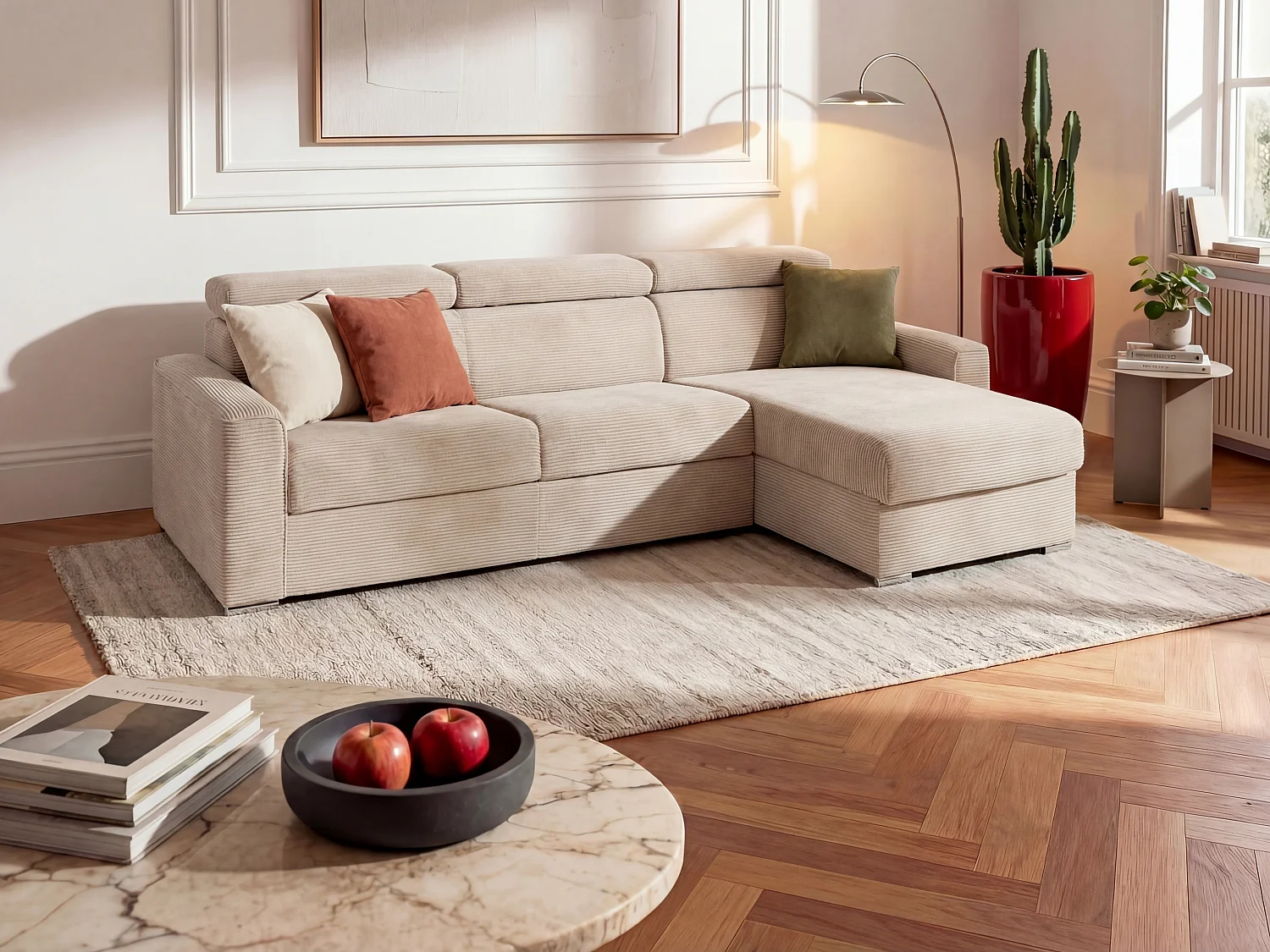 Express-hoekslaapbank van beige ribfluweel, bed 140 cm, dikte 14 cm, VIZIR