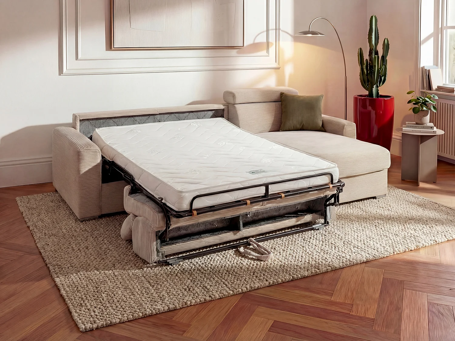 Express-hoekslaapbank van beige ribfluweel, bed 160 cm, dikte 14 cm, VIZIR