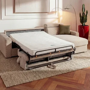 Express-hoekslaapbank van beige ribfluweel – Bed met latten 160 cm, VIZIR Express-hoekslaapbank van beige ribfluweel – Bed met latten 160 cm, VIZIR