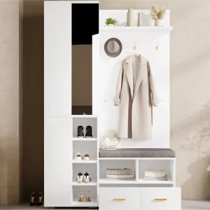 Garderobekast set 120x35x190cm – met 2 lades en opbergvakken – met spiegel en schoenenbank – Wit Garderobekast set 120x35x190cm – met 2 lades en opbergvakken – met spiegel en schoenenbank – Wit