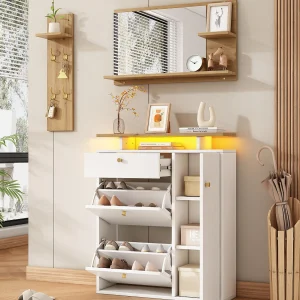 Garderobekast set 105x25x151,5cm – met LED – met 3 deuren en 1 lade – met spiegel en schoenenmeubel – Wit + Natuur Garderobekast set 105x25x151,5cm – met LED – met 3 deuren en 1 lade – met spiegel en schoenenmeubel – Wit + Natuur