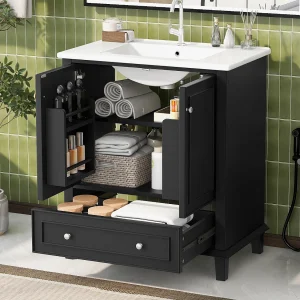Enkele wastafelkast met geïntegreerde keramische wasbak – 73 x 46 x 87 cm – met 1 lade + 2 deuren – keramiek + MDF – zwart Enkele wastafelkast met geïntegreerde keramische wasbak – 73 x 46 x 87 cm – met 1 lade + 2 deuren – keramiek + MDF – zwart