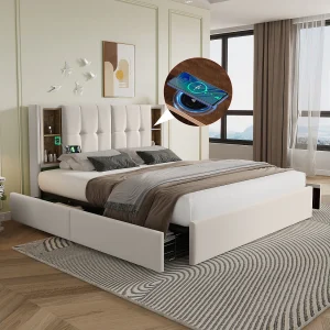 Gepolsterd Bed Double Met Charge Zonder Fil USB C en 4 Tiroirs, 160×200, Houten Lattenbodem, Velours Beige (met Matelas) Gepolsterd Bed Double Met Charge Zonder Fil USB C en 4 Tiroirs, 160×200, Houten Lattenbodem, Velours Beige (met Matelas)