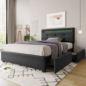 Eenpersoonsbed Gepolsterd 90×200 Cm Met LED En 2 Lades, Tête Réglable, Houten Lattenbodem, Stof Grijs, Met Matras Eenpersoonsbed Gepolsterd 90×200 Cm Met LED En 2 Lades, Tête Réglable, Houten Lattenbodem, Stof Grijs, Met Matras