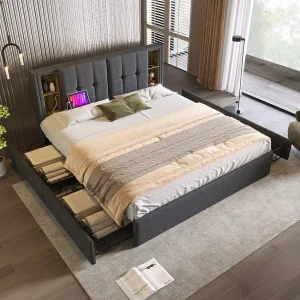 Gepolsterd Bed Double Met Charge Zonder Fil USB C en 4 Tiroirs, 160×200, Houten Lattenbodem, Lin Gris (met Matelas) Gepolsterd Bed Double Met Charge Zonder Fil USB C en 4 Tiroirs, 160×200, Houten Lattenbodem, Lin Gris (met Matelas)