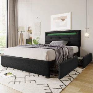 Eenpersoonsbed Gepolsterd 90×200 Cm Met LED En 2 Lades, Tête Réglable, Houten Lattenbodem, Stof Zwart, Met Matras Eenpersoonsbed Gepolsterd 90×200 Cm Met LED En 2 Lades, Tête Réglable, Houten Lattenbodem, Stof Zwart, Met Matras