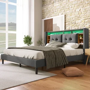 Gepolsterd Bed Double 140×200 Cm, Coffre en Tête Met LED en Usb, Cadre Met Houten Lattenbodem, Gris, Met Matelas Gepolsterd Bed Double 140×200 Cm, Coffre en Tête Met LED en Usb, Cadre Met Houten Lattenbodem, Gris, Met Matelas