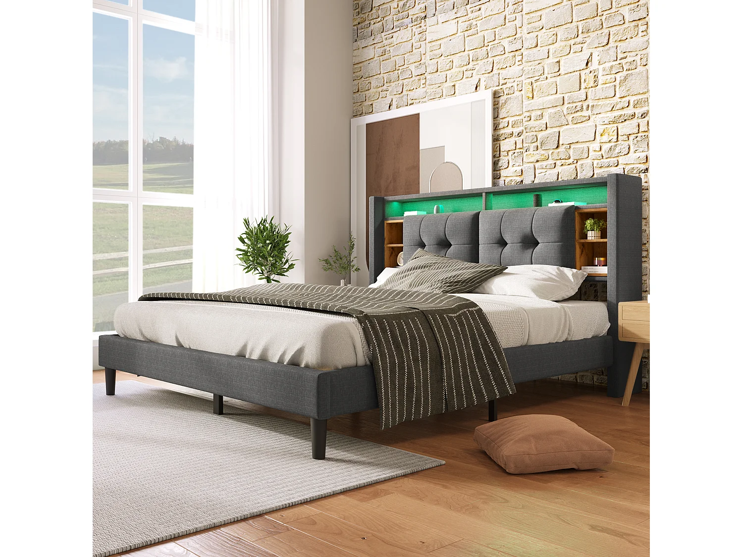 Gepolsterd Bed Double 140x200 Cm, Coffre en Tête Met LED en Usb, Cadre Met Houten Lattenbodem, Gris, Met Matelas