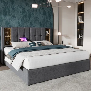 Gepolsterd Bed Double Met Charge Zonder Fil USB C, 140×200, Rangement, Houten Lattenbodem, Coton Gris (met Matelas) Gepolsterd Bed Double Met Charge Zonder Fil USB C, 140×200, Rangement, Houten Lattenbodem, Coton Gris (met Matelas)