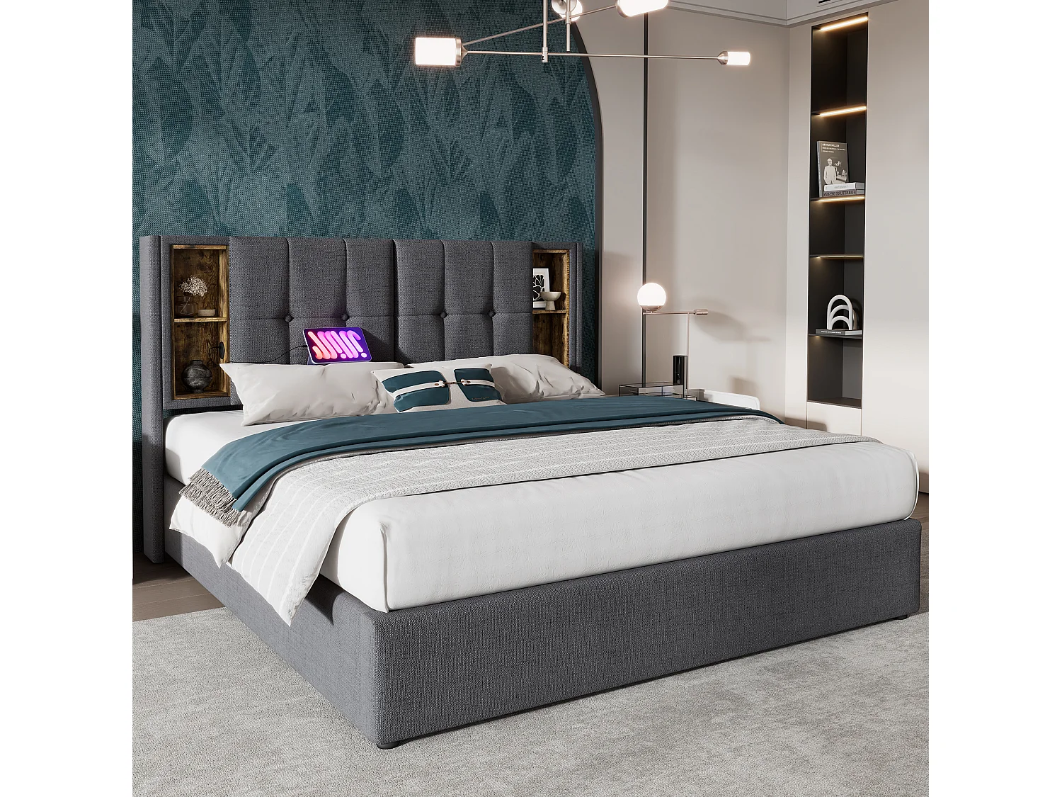 Gepolsterd Bed Double Met Charge Zonder Fil USB C, 140×200, Rangement, Houten Lattenbodem, Coton Gris (met Matelas)