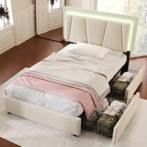 Eenpersoonsbed 90×200 Cm Met LED En 2 Lades, Hoofdeinde Réglable, Houten Lattenbodem, Stof Beige, Met Matras