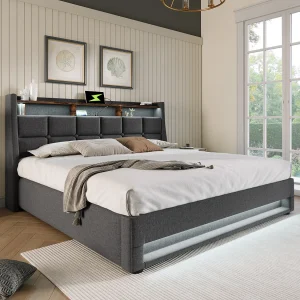 Gepolsterd Bed Double 160×200 cm Met LED en Port Usb, Metaalframe, Tissu Lin, Tête Van Lit Moderne, Met Matelas Gepolsterd Bed Double 160×200 cm Met LED en Port Usb, Metaalframe, Tissu Lin, Tête Van Lit Moderne, Met Matelas