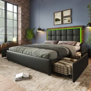 Gepolsterd Bed Double Met Bande LED en 4 Tiroirs, Tête Réglable, PU Noir, 160×200, Lit Fonctionnel (met Matelas) Gepolsterd Bed Double Met Bande LED en 4 Tiroirs, Tête Réglable, PU Noir, 160×200, Lit Fonctionnel (met Matelas)