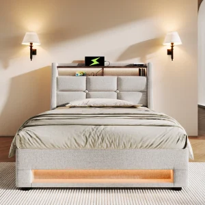 Eenpersoonsbed LED 90×200 Cm Met Usb-poort En Hoofdeinde Rembourrée, Metaalframe, Stof Linnen, Met Matras Eenpersoonsbed LED 90×200 Cm Met Usb-poort En Hoofdeinde Rembourrée, Metaalframe, Stof Linnen, Met Matras