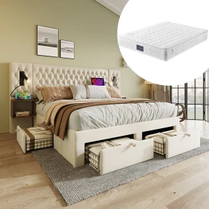 Ensemble Chambre Complet Gepolsterd Bed Double 160×200 Met 2 Tables Van Nuit, 4 Tiroirs, Tête Lumineuse Usb, Velours Beige (met Matelas)