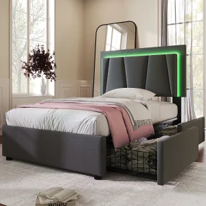 Eenpersoonsbed Gepolsterd 90×200 Cm Met LED En 2 Lades, Tête Réglable, Houten Lattenbodem, Stof Grijs, Met Matras Eenpersoonsbed Gepolsterd 90×200 Cm Met LED En 2 Lades, Tête Réglable, Houten Lattenbodem, Stof Grijs, Met Matras
