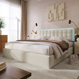 Gepolsterd Bed Double 160×200 Met Led, Rangement, Houten Lattenbodem, Similicuir Blanc, Lit Fonctionnel (met Matelas) Gepolsterd Bed Double 160×200 Met Led, Rangement, Houten Lattenbodem, Similicuir Blanc, Lit Fonctionnel (met Matelas)