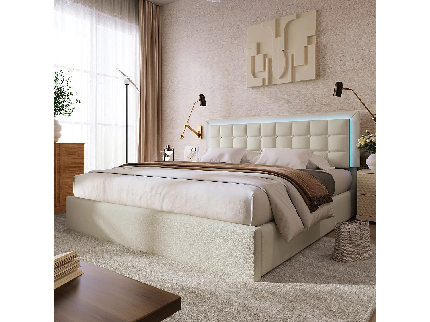 Gepolsterd Bed Double 160×200 Met Led, Rangement, Houten Lattenbodem, Similicuir Blanc, Lit Fonctionnel (met Matelas)
