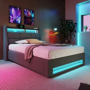 Eenpersoonsbed Gepolsterd 90×200 Cm Met LED En Usb-poort, Metaalframe, Stof Linnen, Met Matras Inbegrepen Eenpersoonsbed Gepolsterd 90×200 Cm Met LED En Usb-poort, Metaalframe, Stof Linnen, Met Matras Inbegrepen