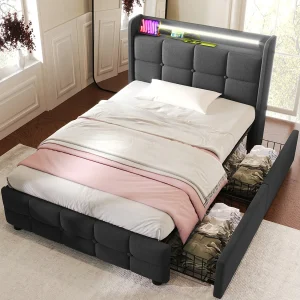Eenpersoonsbed Gepolsterd 90×200 Cm Met USB, LED En 2 Lades, Tête Met Opbergruimte, Houten Lattenbodem, Stof Grijs, Met Matras Eenpersoonsbed Gepolsterd 90×200 Cm Met USB, LED En 2 Lades, Tête Met Opbergruimte, Houten Lattenbodem, Stof Grijs, Met Matras