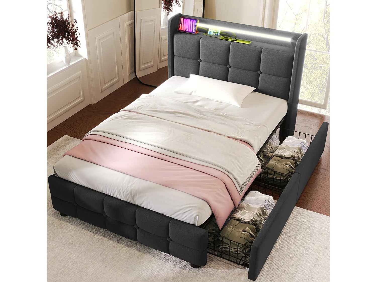 Eenpersoonsbed Gepolsterd 90x200 Cm Met USB, LED En 2 Lades, Tête Met Opbergruimte, Houten Lattenbodem, Stof Grijs, Met Matras