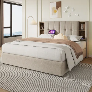 Gepolsterd Bed Double Met Charge Zonder Fil USB C, 140×200, Rangement, Houten Lattenbodem, Lin Naturel (met Matelas) Gepolsterd Bed Double Met Charge Zonder Fil USB C, 140×200, Rangement, Houten Lattenbodem, Lin Naturel (met Matelas)