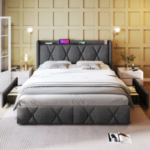 Gepolsterd Bed Double 140×200 Met Tête USB en 4 Tiroirs, Rangement, Houten Lattenbodem, Gris, Fonction Van Charge (met Matelas) Gepolsterd Bed Double 140×200 Met Tête USB en 4 Tiroirs, Rangement, Houten Lattenbodem, Gris, Fonction Van Charge (met Matelas)