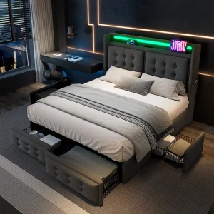 Gepolsterd Bed Double 140×200 Met Tête LED en USB C, 4 Tiroirs, Houten Lattenbodem Métal, Coton Gris, 300 kg (met Matelas) Gepolsterd Bed Double 140×200 Met Tête LED en USB C, 4 Tiroirs, Houten Lattenbodem Métal, Coton Gris, 300 kg (met Matelas)