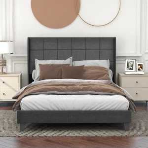 Gepolsterd Bed Double 140×200 Cm, Tête Capitonnée, Sommier Inclus, Lin Gris, Matelas à Ressorts, Confort Moyen Gepolsterd Bed Double 140×200 Cm, Tête Capitonnée, Sommier Inclus, Lin Gris, Matelas à Ressorts, Confort Moyen