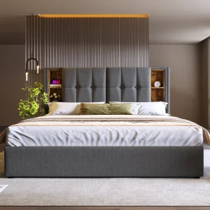 Gepolsterd Bed Double Met Charge Zonder Fil USB C, 160×200, Rangement, Houten Lattenbodem, Coton Gris (met Matelas) Gepolsterd Bed Double Met Charge Zonder Fil USB C, 160×200, Rangement, Houten Lattenbodem, Coton Gris (met Matelas)