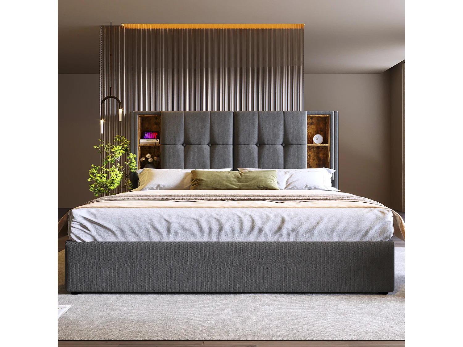 Gepolsterd Bed Double Met Charge Zonder Fil USB C, 160×200, Rangement, Houten Lattenbodem, Coton Gris (met Matelas)