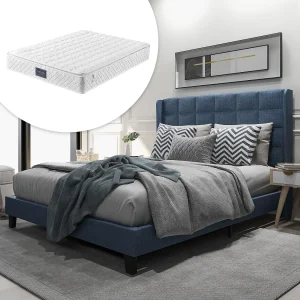 Gepolsterd Bed Double 140×200 Cm, Tête Capitonnée, Sommier Inclus, Lin Bleu, Matelas à Ressorts, Confort Moyen Gepolsterd Bed Double 140×200 Cm, Tête Capitonnée, Sommier Inclus, Lin Bleu, Matelas à Ressorts, Confort Moyen