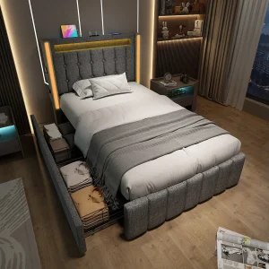 Eenpersoonsbed Gepolsterd 90×200 Cm Met Usb-poort-c, LED En 2 Lades, Tête Met Opbergruimte, Houten Lattenbodem, Stof Grijs, Met Matras Eenpersoonsbed Gepolsterd 90×200 Cm Met Usb-poort-c, LED En 2 Lades, Tête Met Opbergruimte, Houten Lattenbodem, Stof Grijs, Met Matras