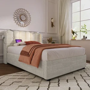 Eenpersoonsbed Gepolsterd 90×200 Cm Met Lampe Van Lecture En Usb-poort, Hoofdeinde Met Opbergruimte, Stof Linnen Naturel Met Matras Eenpersoonsbed Gepolsterd 90×200 Cm Met Lampe Van Lecture En Usb-poort, Hoofdeinde Met Opbergruimte, Stof Linnen Naturel Met Matras