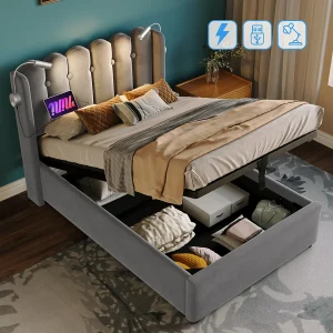Eenpersoonsbed Gepolsterd 90×200 Cm Met Liseuse En Usb-poort, Hoofdeinde Met Opbergruimte, Stof Velours Grijs Met Matras Eenpersoonsbed Gepolsterd 90×200 Cm Met Liseuse En Usb-poort, Hoofdeinde Met Opbergruimte, Stof Velours Grijs Met Matras