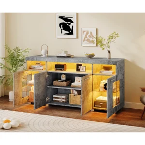 Dressoir met 4 deuren en ledverlichting – MDF-hout + gehard glas – Cementgrijs