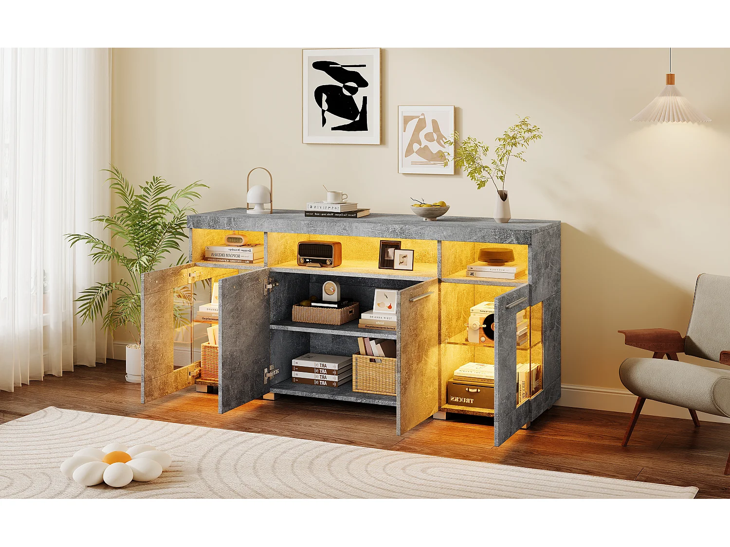Dressoir met 4 deuren en ledverlichting - MDF-hout + gehard glas - Cementgrijs