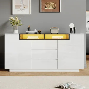 Dressoir met hoogglanslak, LED-verlichting, 2 L-vormige deuren en 3 lades – Wit en zwart Dressoir met hoogglanslak, LED-verlichting, 2 L-vormige deuren en 3 lades – Wit en zwart