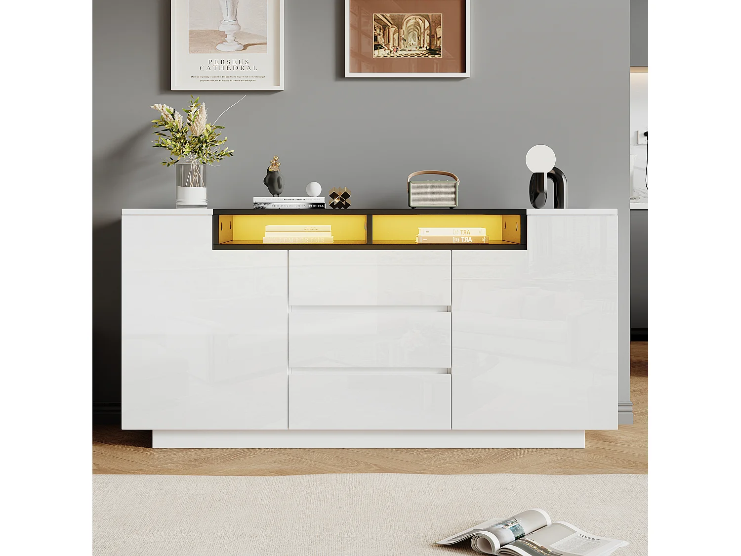 Dressoir met hoogglanslak, LED-verlichting, 2 L-vormige deuren en 3 lades - Wit en zwart