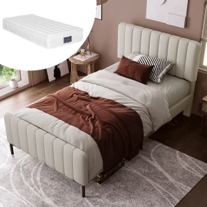 Eenpersoonsbed 90x200cm met verstelbaar hoofdeinde en matras – Grijsbeige linnen stof