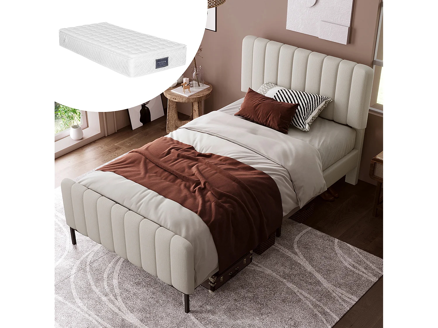 Eenpersoonsbed 90x200cm met verstelbaar hoofdeinde en matras - Grijsbeige linnen stof