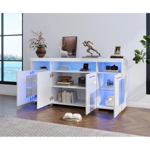 Dressoir met 4 deuren en ledverlichting – MDF-hout + gehard glas – Glanzend witte afwerking