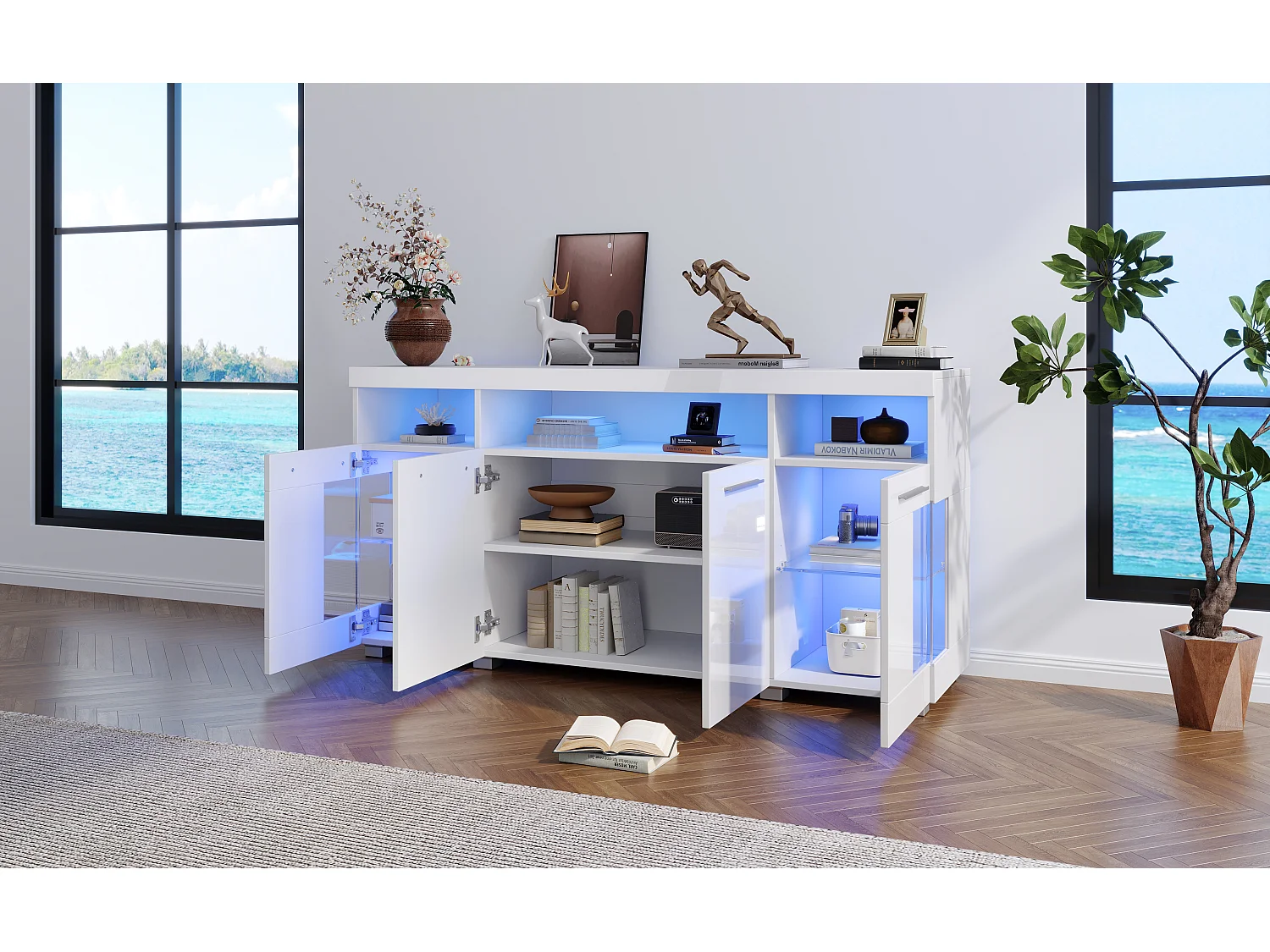 Dressoir met 4 deuren en ledverlichting - MDF-hout + gehard glas - Glanzend witte afwerking