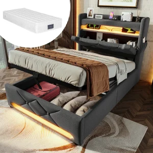 Eenpersoonsbed met opbergruimte 90×200 cm met USB-poort en ledverlichting – Grijze linnen stof (inclusief matras)