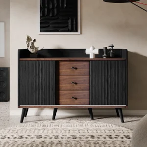 Dressoir met 3 lades en 2 schuifdeuren – Zwart met donkere houtafwerking Dressoir met 3 lades en 2 schuifdeuren – Zwart met donkere houtafwerking
