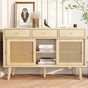 Dressoir met 3 lades en 3 schuifdeuren – Deuren van gevlochten rotan – Lichte natuurlijke kleur Dressoir met 3 lades en 3 schuifdeuren – Deuren van gevlochten rotan – Lichte natuurlijke kleur