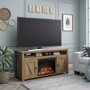 Farmington-TV-meubel met elektrische open haard in eiken spaanplaat Farmington-TV-meubel met elektrische open haard in eiken spaanplaat