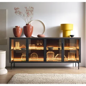 Dressoir met 4 glazen deuren en LED's – 181 cm – Dunin eiken – SELSEY LUMI